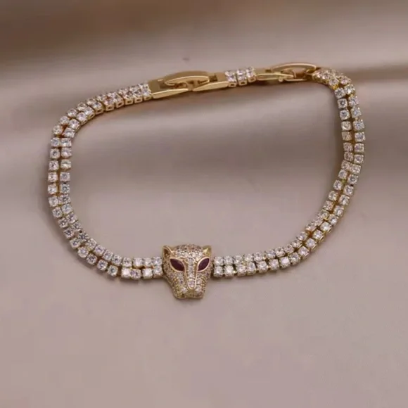 CLEAR PINK CZ PANTHER GOLD TENNIS BRACELET - Picture 3 of 3